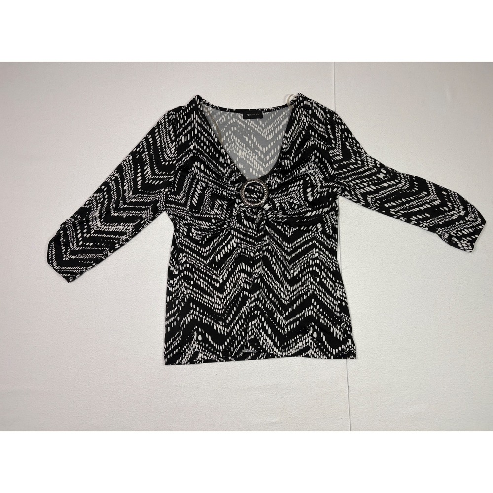AB Studio Womens XL Black White Chevron Geometric V-Neck 3/4 Sleeve Blouse Top